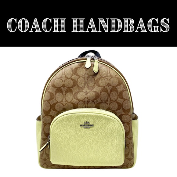 Coach Court Backpack Khaki Signature Canvas Pale Lime Leather